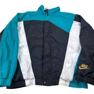 VTG 90s NIKE Foot Locker Exclusive Teal Colorblock Windbreaker w/ Gold Swoosh M